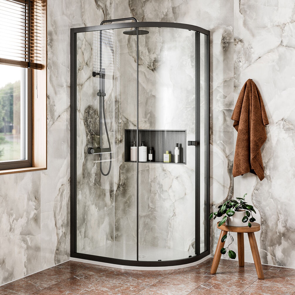 Lifestyle image of Crosswater Clear 6 Matt Black 1200 x 800mm Offset Shower Quadrant
